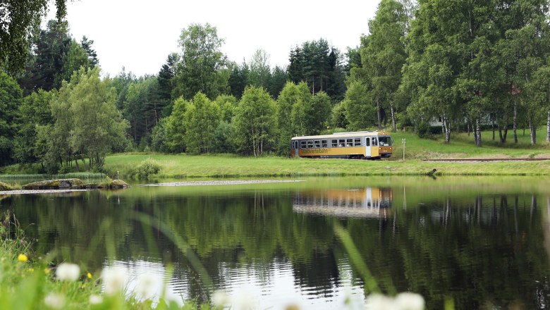 Der Goldene Triebwagen fährt entlang eines Waldviertler Teichs, © NÖVOG/knipserl.at